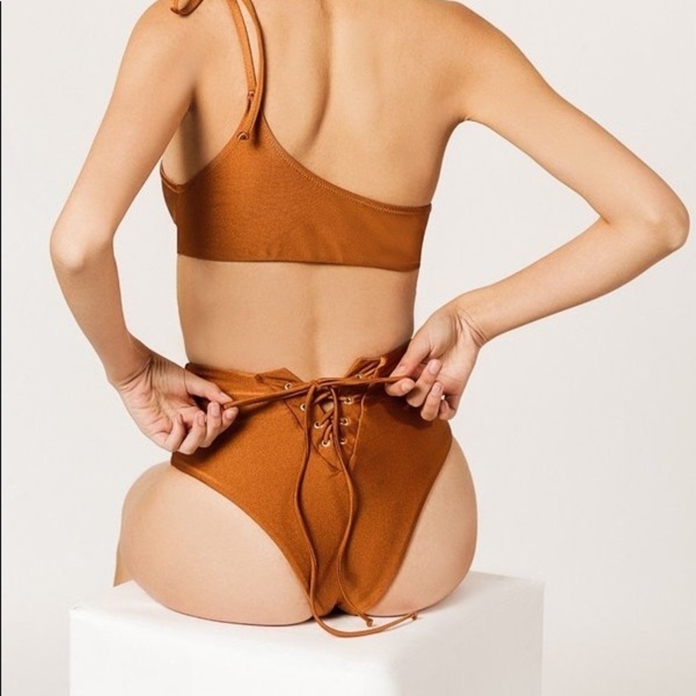 MIDSOMMAR SWIM Abbot High Waisted Lace Up Bottom in Bronze, Size XS